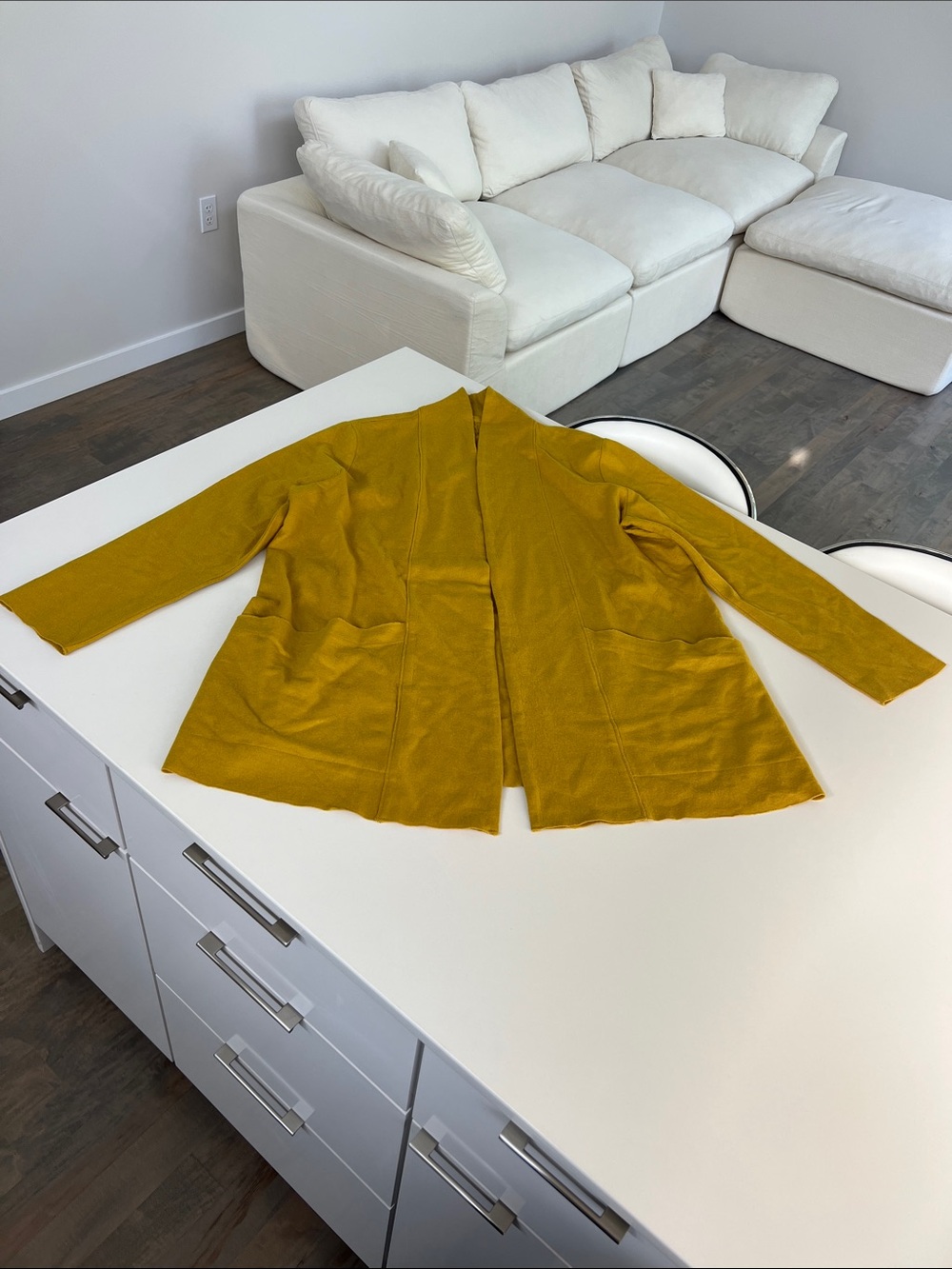 Eileen Fisher 100% wool mustard yellow gold open front long jacket sweater XL